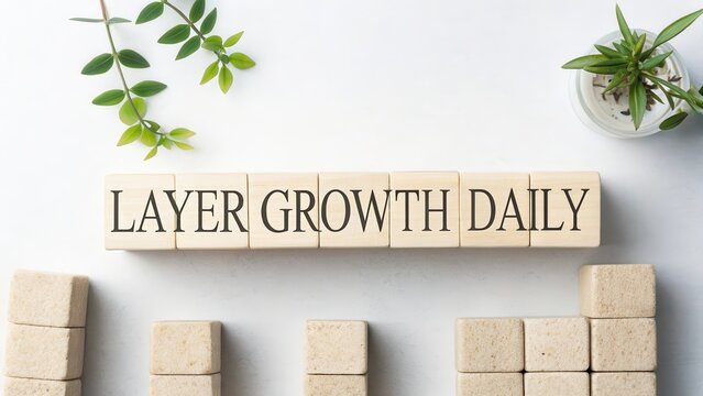 Wooden cubes with text showing growth daily on white background