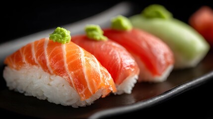 Gourmet sushi arrangement displays various nigiri pieces artfully arranged on a dark plate against a black backdrop.