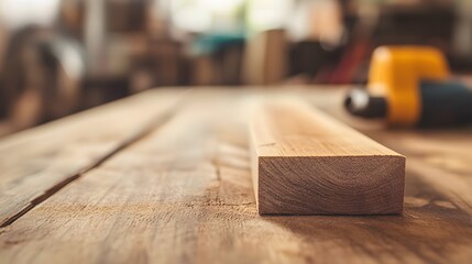 Close up of a wooden plank on a workbench for woodworking project
