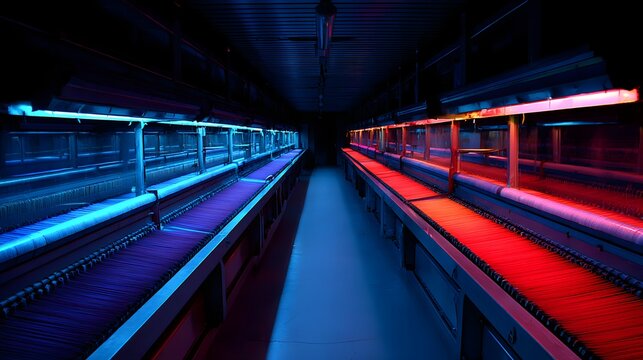 Interior perspective reveals two parallel industrial structures, bathed in contrasting colors of vibrant blue and fiery red, creating a symmetrical composition that leads the eye towards a dark...