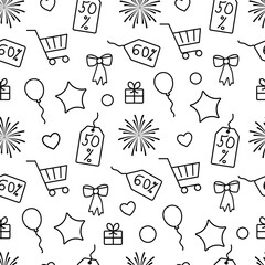 Black Friday Seamless Pattern with Shopping Carts, Discount Tags and Gift Icons
