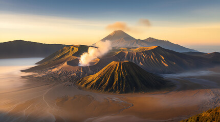 Majestic Sunrise View of Mount Bromo Volcano Landscape in East Java, Indonesia