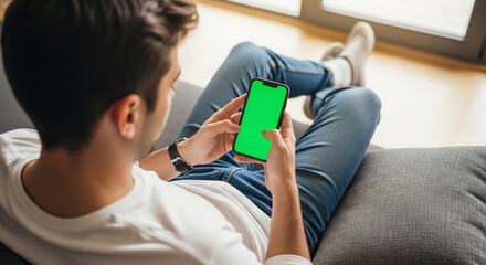 Man relaxing on couch, holding smartphone with a green screen mockup