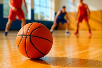 Obraz premium Basketball Game in Indoor Gym. A close-up of a basketball on a polished wooden court with players in action in the background, showcasing an intense indoor basketball game.