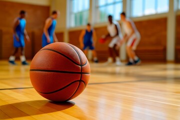 Obraz premium Basketball Game in Indoor Gym. A close-up of a basketball on a polished wooden court with players in action in the background, showcasing an intense indoor basketball game.
