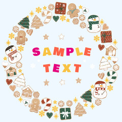 Cute Christmas cookie wreath frame on ice blue background, playful festive illustration