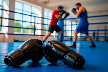 Boxing Training Session. A pair of boxers sparring in a gym with boxing gloves in the foreground, showcasing an intense and focused training session.