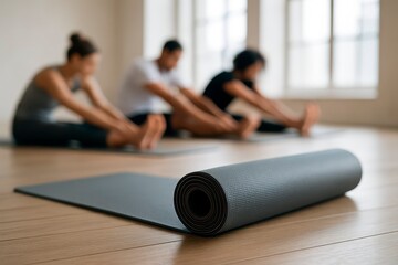 A rolled black yoga mat rests sharply on warm wooden floors as a blurred group stretches in unison  evoking calm, mindfulness, and collective wellness in a serene studio space.