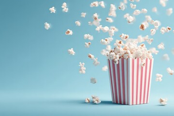 Pixilated Popcorn Box With Flying Popcorn On Light Blue Background