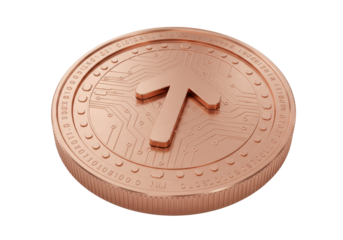 Copper cryptocurrency coin with circuit board design isolated, digital currency token for blockchain technology and investment