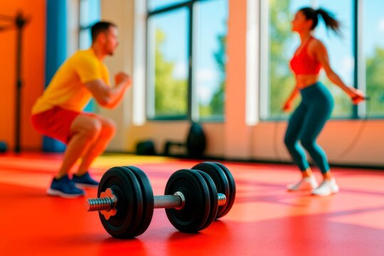 Couple Workout Focus. Dumbbell in sharp focus on a bright red floor as a man squats and a woman jumps rope in the blurred background of a sunny gym.