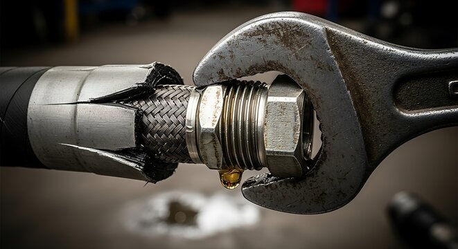 Wrench tightening a leaking pipe fitting with damaged hose.