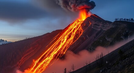 Volcanic Eruption with Fiery Lava Flow at Dusk.