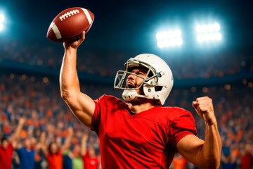 Football Touchdown Victory Celebration. A football player in a red jersey celebrates a touchdown, holding the ball high under bright stadium lights with a cheering crowd. Triumphant moment.