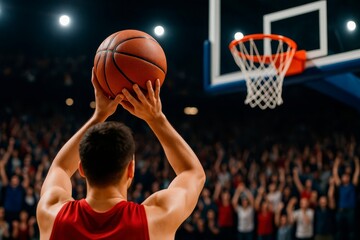 Game-Winning Basketball Shot. A basketball player in a red jersey takes a crucial shot under arena lights with a cheering crowd. Intense focus in a high-stakes game moment.