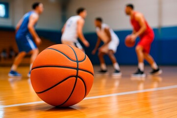 Obraz premium Basketball on Hardwood Court with Players in Background. Close-up of an orange basketball resting on a glossy wooden court floor with blurred players in jerseys ready for action behind it.