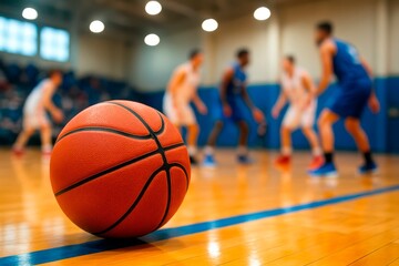Basketball on Hardwood Court with Players in Background. Close-up of an orange basketball resting on a glossy wooden court floor with blurred players in jerseys ready for action behind it.