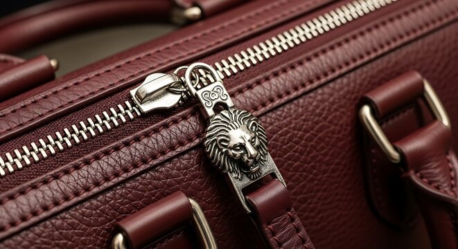 Close Up of a Lion Head Zipper on a Burgundy Leather Bag.