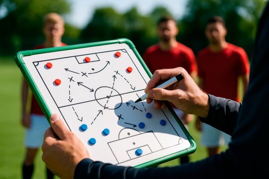 A coach points to a whiteboard with magnetic markers showing soccer formations while players in red uniforms listen attentively on a sunny field.