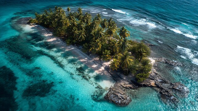 Pristine aerial view showcases a tropical island oasis, featuring lush palm trees and a sandy beach surrounded by crystal-clear turquoise waters, with gentle waves creating a tranquil atmosphere... - Powered by Adobe