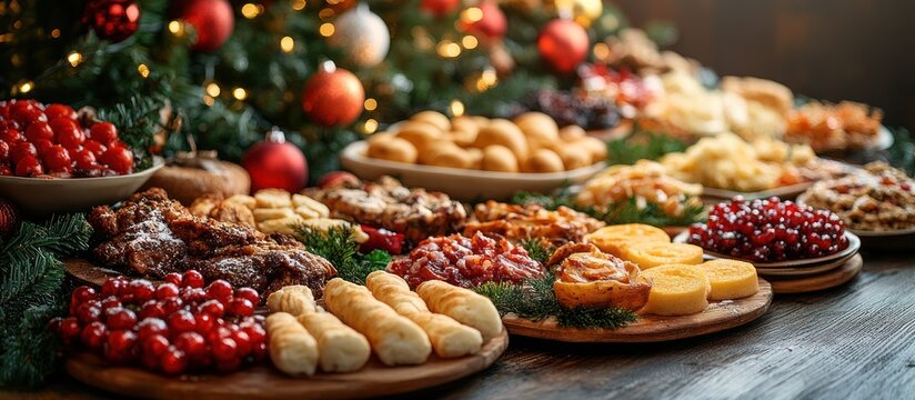 Christmas buffet table with various festive foods and cranberries.