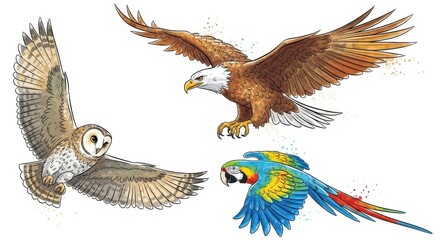 Watercolor Illustration of Flying Owl Eagle and Macaw on White Background