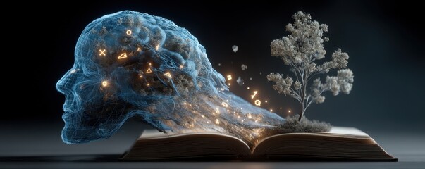 Holographic head emerging from open book with glowing futuristic elements