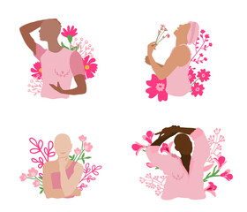 Mois de sensibilisation au cancer du sein : octobre rose. Portrait de femmes de diverses origines ethniques, ruban rose de soutien, coeur poitrine, illustration vectorielle poétiques