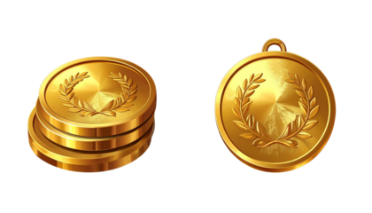 Stack of Gold Champion Medals with Laurel Design isolated background