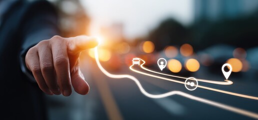 Human Hand Pointing Touchscreen with Route Map Against Blurred City Backdrop Concept Illustration