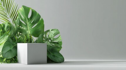 Elegant photo of minimalist product display with white cube and tropical leaves on gray background.