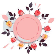 Round pink frame surrounded by delicate roses and dark leaves