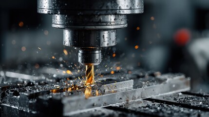 Close up of a CNC milling machine cutting metal with sparks flying producing precise mechanical parts in an industrial workshop environment