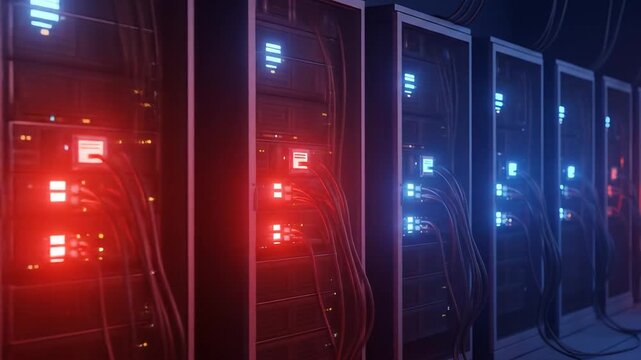 Cinematic data center server racks with glowing red and blue LEDs and network cables.
