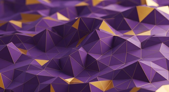 Abstract geometric landscape with purple and gold triangular shapes, creating a textured surface.