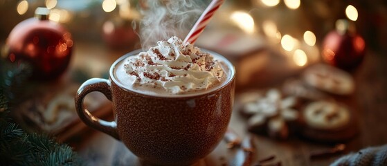A steaming mug of hot chocolate topped with whipped cream and cocoa powder, surrounded by Christmas ornaments and twinkling lights, creating a cozy holiday scene