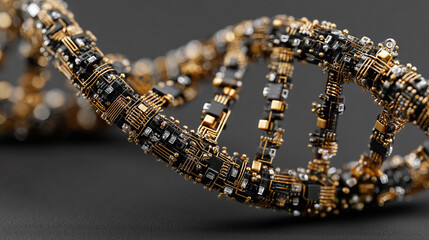 A conceptual visualization presents a dna double helix form composed of black and gold electronic circuits, chips, and components against a dark grey background.