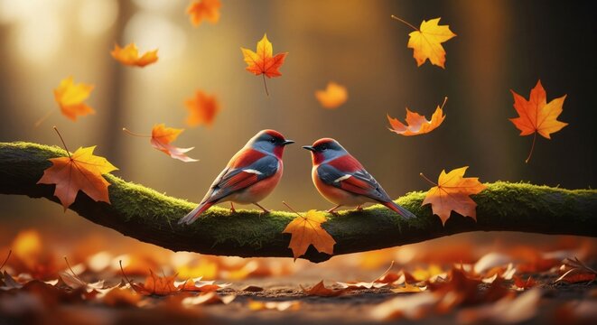 Two tiny robin like birds perched closely on a mossy branch surrounded by magical floating autumn maple leaves in a warm forest setting