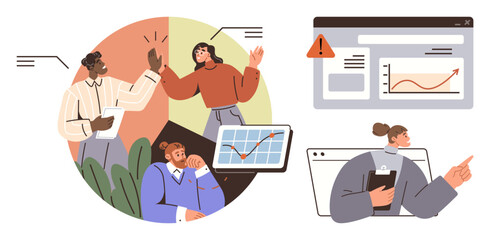 Group analyzing tablet graphs, discussing performance. Browser alert and clipboard insights. Ideal for teamwork, analytics, data monitoring, office tasks, collaboration, web analytics