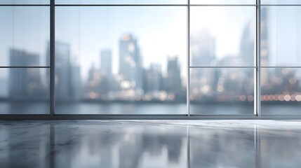 Bright modern city skyline viewed through glass window with soft focus, urban background symbolizing business, real estate, architecture, and innovation