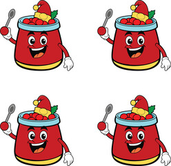 Premium vector cartoon jars of jam with Santa hats and spoons.  Christmas cranberry illustration. 