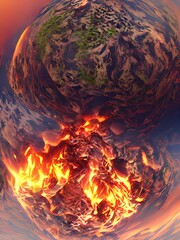 Fire and earth collide in a dramatic display of nature’s contrast and power in a surreal landscape