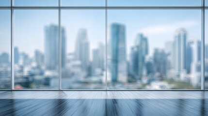 Fototapeta premium Bright modern city skyline viewed through glass window with soft focus, urban background symbolizing business, real estate, architecture, and innovation