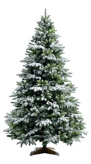 An artificial Christmas tree covered with snow on a transparent background.