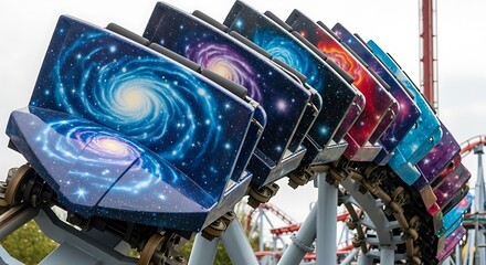 Galaxy Themed Roller Coaster Cars Lined Up.