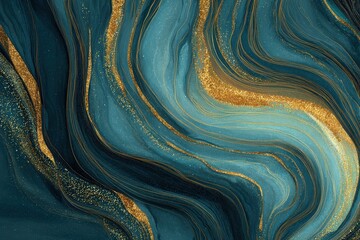 Abstract Teal And Gold Glitter Texture Fluid Art with Sparkling Detail