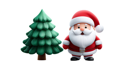 Cartoon Santa Claus and a green Christmas tree on a transparent background. For New Year and Christmas themes, promotional materials, or greeting cards.