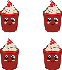 Vector cute Christmas cupcakes with Santa hats and happy faces. 