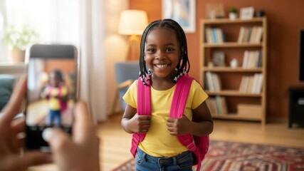 Happy African American mother taking a photo of her daughter on her phone before leaving for school. Back to school concept.	