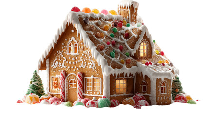 A gingerbread house decorated with colored icing and candies.